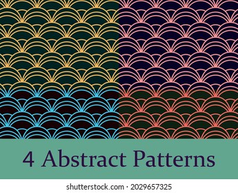 Set of four vector seamless patterns in blue-red-yellow-pink colors abstract background, geometric line circle