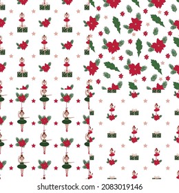 a set of four vector seamless patterns depicting a Christmas ballerina, gifts and other decor on a white background