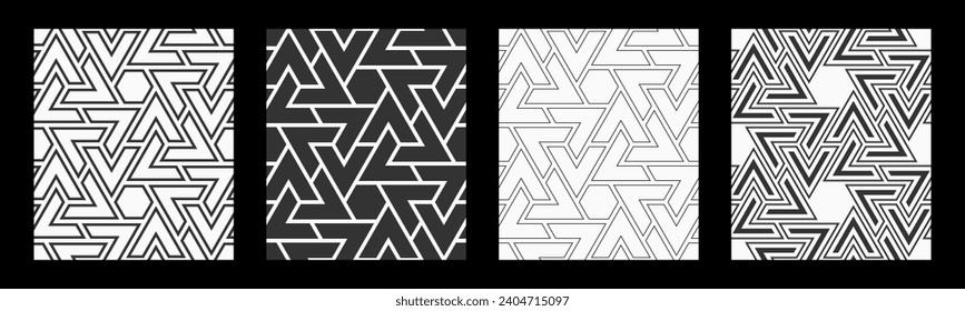 Set of four vector seamless patterns. Geometric shapes patterns. Mosaics motif. Polygonal trellis on the base of triangular grid. Abstract seamless black and white vector backgrounds.