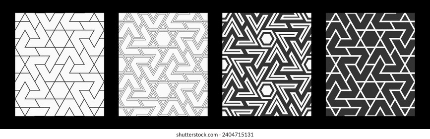 Set of four vector seamless patterns. Geometric shapes patterns. Mosaics motif. Polygonal trellis on the base of triangular grid. Abstract seamless black and white vector backgrounds.