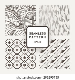 Set of four vector seamless patterns with flowers and wavy lines