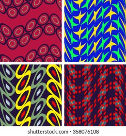Set of four vector seamless patterns with wavy bands of circles, rectangles and stars