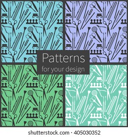 Set of four vector seamless patterns with plane manicure and pedicure tools. Backgrounds for your design