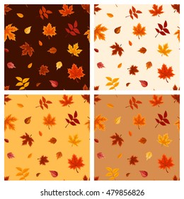 Set of four vector seamless patterns with autumn leaves on brown, orange and beige backgrounds.