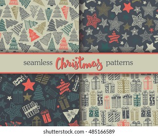 Set of four vector seamless patterns with hand drawn ornate presents, stars and Christmas trees. Collection of Holiday colorful backgrounds in graphic doodle style for prints, cards scrapbook