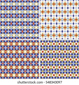 Set of four vector seamless patterns in blue red and yellow colors. Abstract background