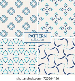 Set of four vector seamless patterns. Abstract geometric trendy color backgrounds. Modern stylish textures of curved lines, twisted elements,  rhombuses. Regularly repeating geometric ornaments.