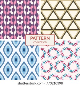 Set of four vector seamless patterns. Abstract geometric trendy color backgrounds. Modern stylish textures of rhombuses, triangles with rounded corners, stylized bird feathers, swirling shapes.