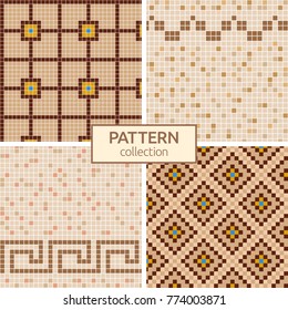 Set of four vector seamless patterns. Beige, brown ceramic tile mosaic. Design for cover; textile; pool; kitchen; bathroom. Antique Greek border.