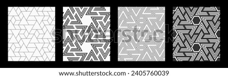 Set of four vector seamless patterns. Geometric shapes patterns. Mosaics motif. Polygonal trellis on the base of triangular grid. Abstract seamless black and white vector backgrounds.