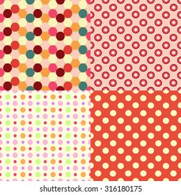 Set of four vector seamless polka dot patterns for your design. Colorful dotted textures with dots  of different colors and sizes for scrap book, typography, fabric or paper design and so on