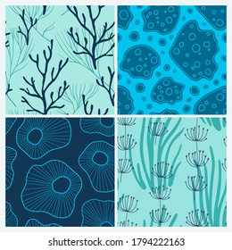 Set of four vector seamless sea style patterns with corals and seaweeds. Abstract marine seamless background.