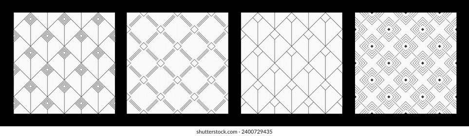 Set of four vector seamless thin lines rhombuses vector patterns. Repeating geometric rhombuses tiles. Monochrome vector backgrounds. Simple geometric patterns.