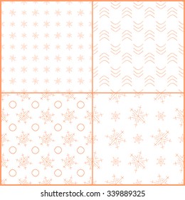 Set of four vector seamless winter patterns. Christmas contour snowflakes background in orange color
