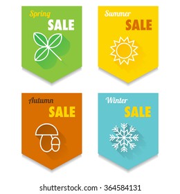 Set of four vector seasonal sale labels with four simple icons with long shadow.