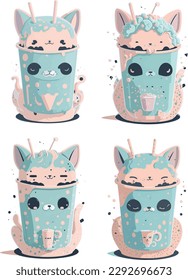 Set of four vector stickers of kawaii cats in boba tea cups. Soft color palette with light blue and yellow colors