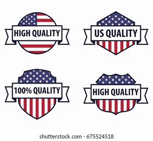 Set of four vector stickers stylized under the flag of the United States of America. On the tapes, the inscriptions testify to the American quality.