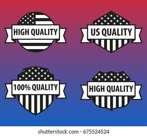 Set of four vector stickers stylized under the flag of the United States of America. On the tapes, the inscriptions testify to the American quality.