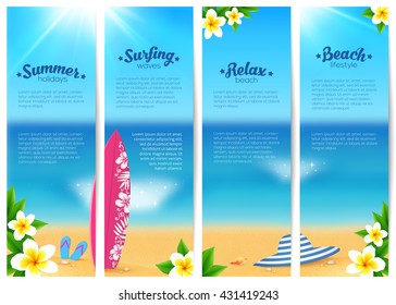 Set of four vector summer ocean beach vacation banners. Sea travel banners template.