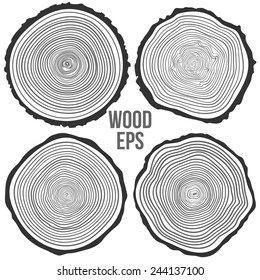 Set of four vector tree rings background and saw cut tree trunk. Conceptual graphics.