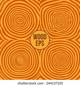 Set of four vector tree rings background and saw cut tree trunk. Conceptual graphics.