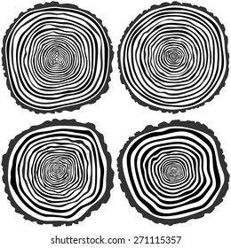 Set of four vector tree rings background and saw cut tree trunk. Conceptual graphics.