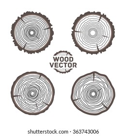 Set of four vector tree rings background and saw cut tree trunk. Vector illustration