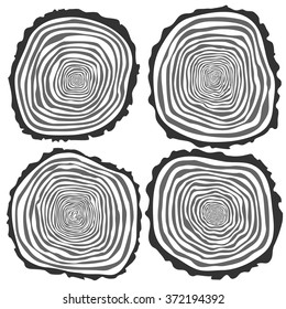 Set of four vector tree rings background and saw cut tree trunk. Conceptual graphics. Isolated on white