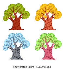 Set of four vector trees of different colors according to the seasons of the year with ornaments on the leaves and trunk. Cute forest. Bright nature illustration. Cartoon plants.