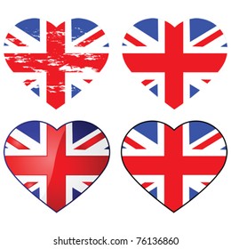 Set of four vector Union Jack flags shaped like a heart svg