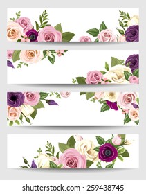 Set of four vector web banners with pink, purple and white roses, lisianthus and anemone flowers and green leaves. 