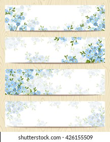 Set of four vector web banners with blue forget-me-not flowers.