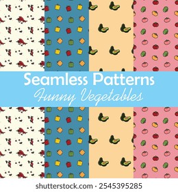 Set of four Vegan-Friendly Seamless Patterns of Avocado, Tomatoes, and Peppers in Simple Flat Style