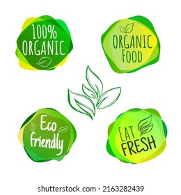 A set of four vegetarian labels text and organic icons. Hand drawn leaves elements. Healthy food stickers. 