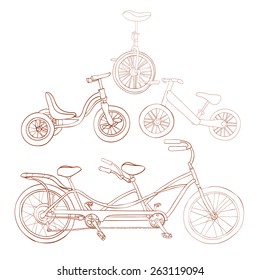 Set Of Four Vehicles(bikes). Monocycle, Tricycle, Runbike, Tandem Bike. Vector Illustration.