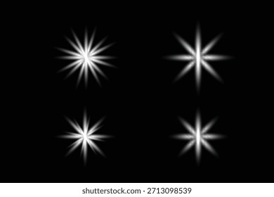 Eine Reihe von vier vielseitigen, hochauflösenden weißen Sternenlicht-Effekten auf einfarbigem schwarzen Hintergrund. Diese digitalen grafischen Elemente sind ideal 