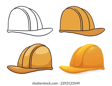 Set with four versions of hard hat: one in outlines for coloring, other in flat colors, cartoon style and the last one in gradient effect.