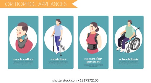 Set of four vertical 4x1 banners with orthopedic appliances neck collar crutches corset wheelchair 3d isometric isolated vector illustration