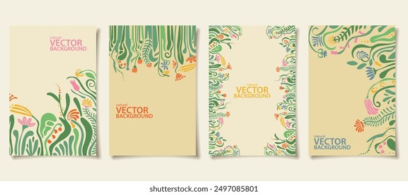 Conjunto de postal floral abstracta de cuatro Verticales, Plantillas de cartel, con flores y espacio de copia, fondo botánico natural en estilo moderno