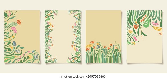 Conjunto de postal floral abstracta de cuatro Verticales, Plantillas de cartel, con flores y espacio de copia, fondo botánico natural en estilo moderno