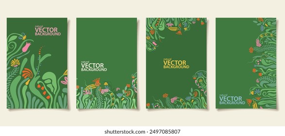Conjunto de postal floral abstracta de cuatro Verticales, Plantillas de cartel, con flores y espacio de copia, fondo botánico natural en estilo moderno