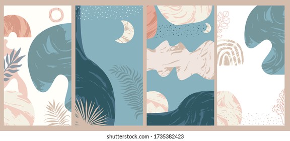 Set of four vertical background for social network, mobile app design template, social media post. Abstract marble shapes. Editable vector illustration.