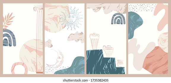 Set of four vertical background for social network, mobile app design template, social media post. Abstract marble shapes, antique column, vase. Editable vector illustration.