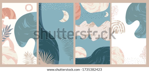 Set of four vertical background for\
social network, mobile app design template, social media post.\
Abstract marble shapes. Editable vector\
illustration.