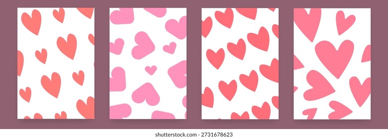 Conjunto de cuatro fondos de Vertical con corazones rosados pintados a mano. Patrones románticos minimalistas para tarjetas de felicitación, álbumes de recortes, día de la madre, día de San Valentín, decoración de la guardería o historias de redes sociales.