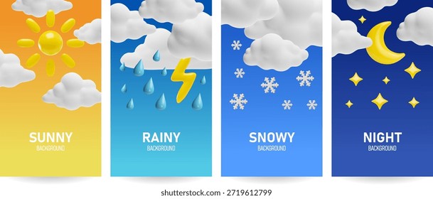 Un conjunto de cuatro Anuncios de Vertical con íconos de Clima 3D: soleado, lluvioso, nevado y nocturno. Adecuado para App móviles, Diseño web, redes sociales, historias y publicidad. Vector ilustración de dibujos animados.