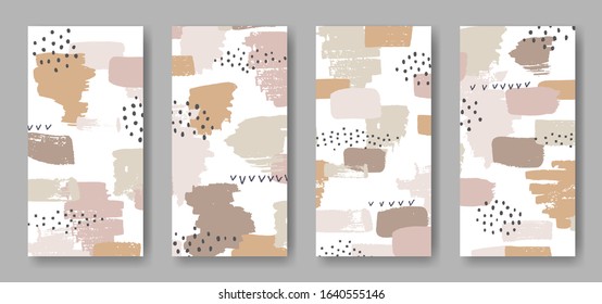 conjunto de cuatro banners verticales con ornamento y puntos de pinceles abstractos