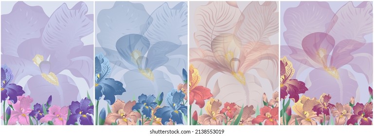 Set of four vertical banners r with iris flower composition.Soft pastel colors. Vector illustration