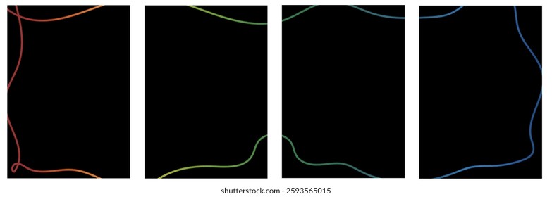 Set of four vertical black backgrounds with abstract gradient wavy lines. Modern minimalistic template design. Abstract frame with copy space