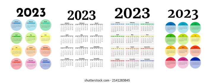 Conjunto de cuatro calendarios verticales para 2023 aislados en un fondo blanco. De domingo a lunes, plantilla de negocios. Ilustración del vector